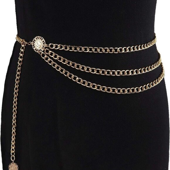 Women Waist Chain Belt Multilayer Sunflower Pendant Adjustable Gold Alloy - Picture 5 of 6